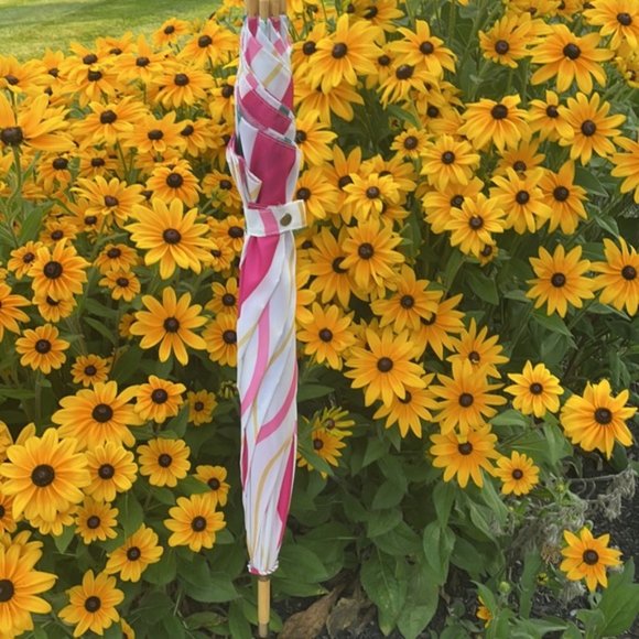 Vintage Oscar de la Renta Wooden Umbrella Pink and Green Swirls - Picture 13 of 16